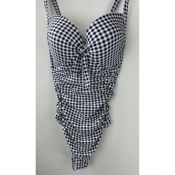 Torrid Navy Gingham Tie Front Wireless Ruched One-Piece Swimsuit Plus Size 4 4X - Picture 3 of 16